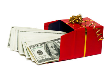 stack of dollars in red gift box