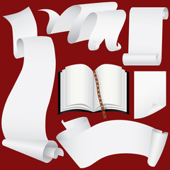 Paper scrolls, book and banners set (vector, CMYK)