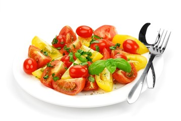 Fresh Tomato Salad with Basil Leaf in White Plate