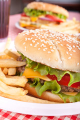 two cheeseburgers with fries