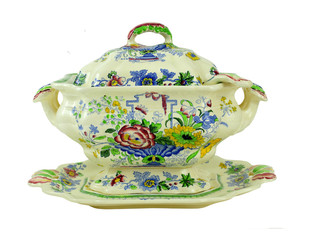 ANTIQUE HANDPAINTED SOUP TUREEN WITH LADLE