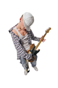 Cool young guitarist on white background