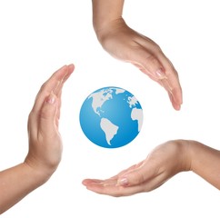 Conceptual safety symbol made from hands over Earth globe