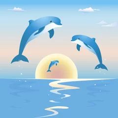 Zelfklevend Fotobehang Dolfijnen springen voor een zonsondergang boven zee © Yuliya Latysheva