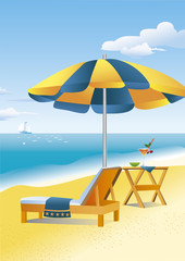 Beach umbrella, chaise lounge and a drink on a beach table