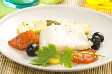 fillet of cod baked tomatoes zucchini black olives