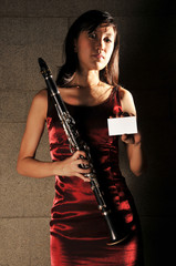 Asian Woman In Red Dress Showing Name Card