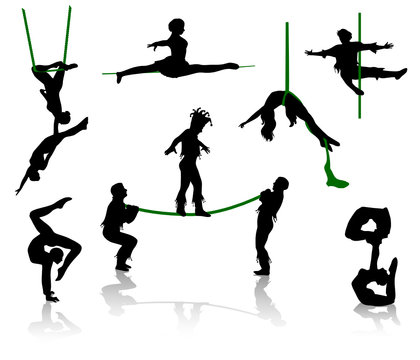 Silhouettes of circus performers. Acrobats and equilibrist.