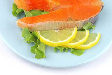 salmon steak on blue dish