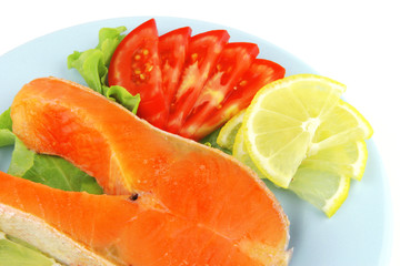 salmon steak on blue dish