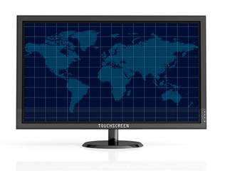 touchscreen lcd monitor with world map isolated on white