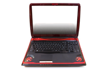 Red laptop front view.