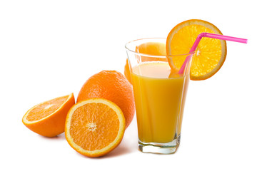 glass of orange juice and oranges isolated