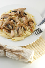 Pasta with mushroom and meat on a white plate