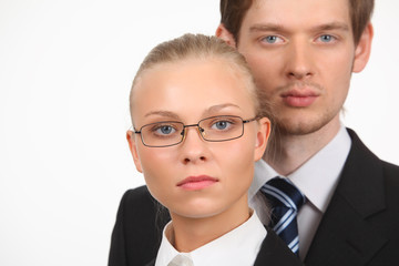closeup portrait of young business woman and businessman