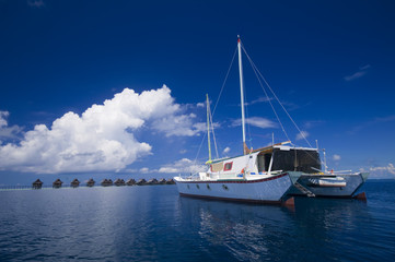 Fototapeta na wymiar Catamaran docks by tropical island resort
