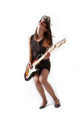 Fototapeta premium Cute girl with electric guitar isolated