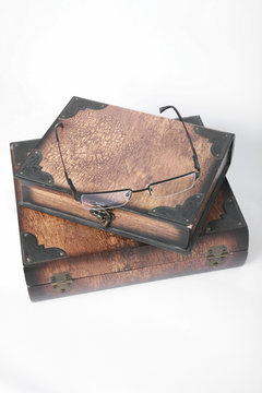 Wooden box  and glasses isolated on a white