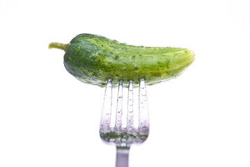 pickled cucumber on a plug on a white background is isolated