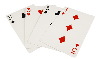four three playing cards isolated on white background