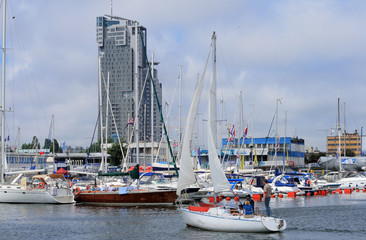 Sailboat entering the marina in Gdynia, Poland