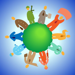 Cartoon people on planet