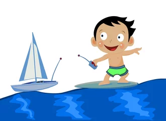 Poster baby surfen en spelen met scheepsspeelgoed © turhanerbas