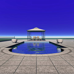 Pool mit Pavillon und Gartenm&ouml;beln