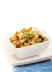 Fresh risotto with mushrooms and vegetables closeup