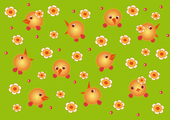 green background with flowers and cheerful chickens
