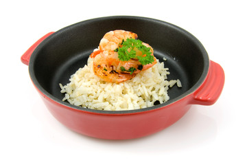 red pan with meal on white background