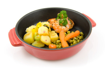 red pan with meal on white background