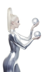 Obraz na płótnie Canvas Beautiful cyber woman with silver balls