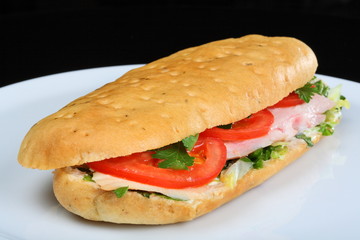 Delicious sandwich with tomatoes and chicken breast