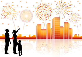 City panorama with fireworks