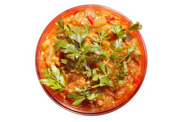 Romanian stewed vegetables salad Ghiveci isolated on white