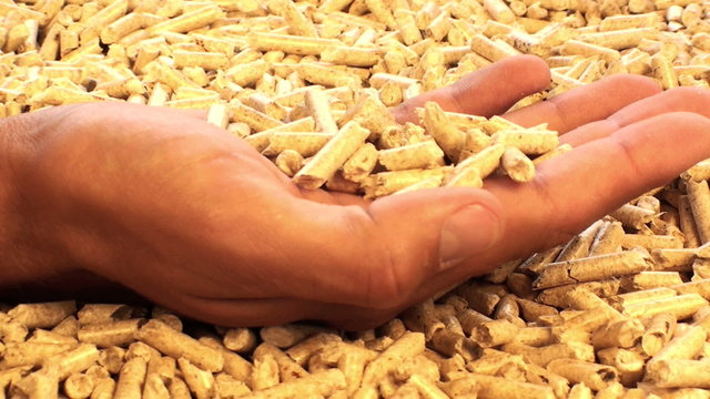 hand mit holzpellets zum einheizen