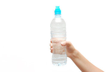 Hand with bottle of water isolated on white background