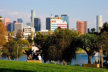 Los Angeles downtown next to a lake