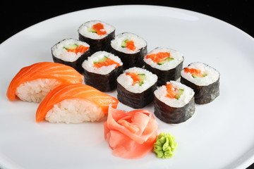 Set of sushi and rolls with a salmon