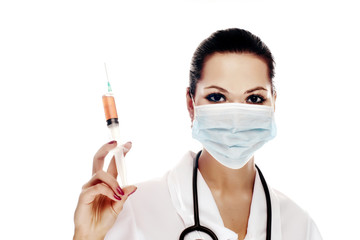 Smiling medical doctor with stethoscope. Isolated over white bac