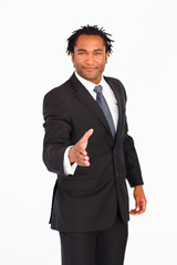 Serious businessman greeting with handshake