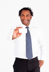 Smiling businessman holding white card