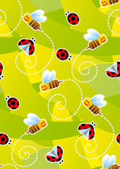 Bees and ladybugs seamless pattern