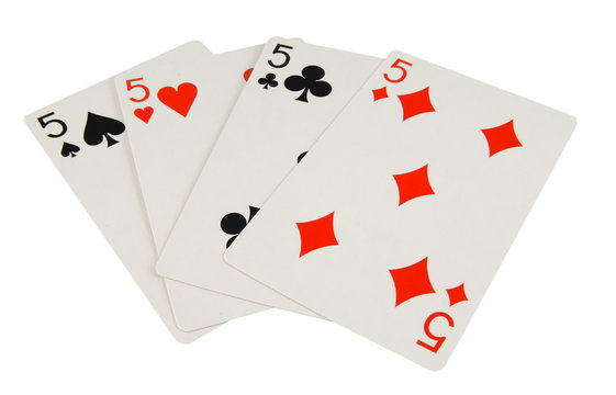 four five playing cards isolated on white background