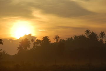 Sunrise with big sun on hill.