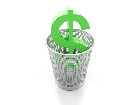 Empty Trash Can With Green Dollar Sign