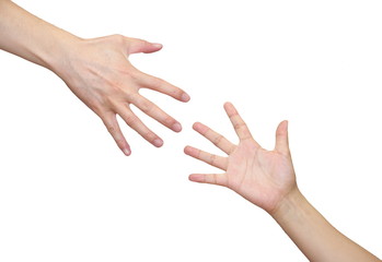 reaching hands over white background