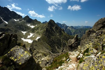 walking path in mountains among sharp peaks