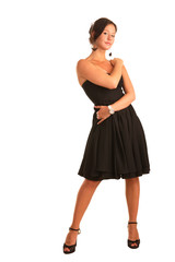 beautiful girl in a black dress, white background